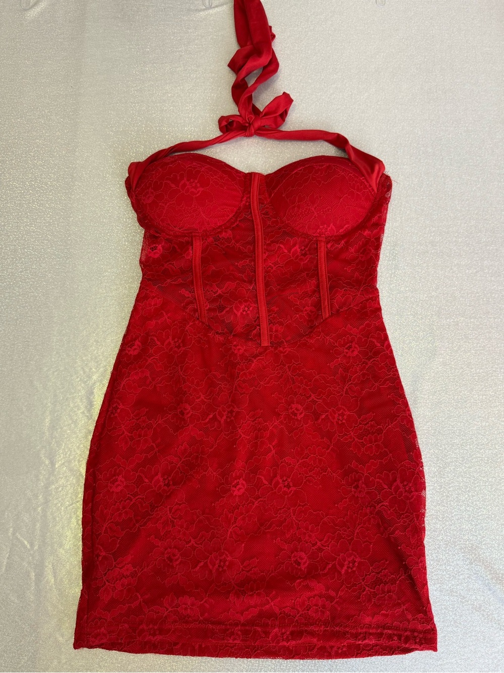 SHEIN dress lace floral Red Strapless Lace Bodycon Dress with Halter Tie